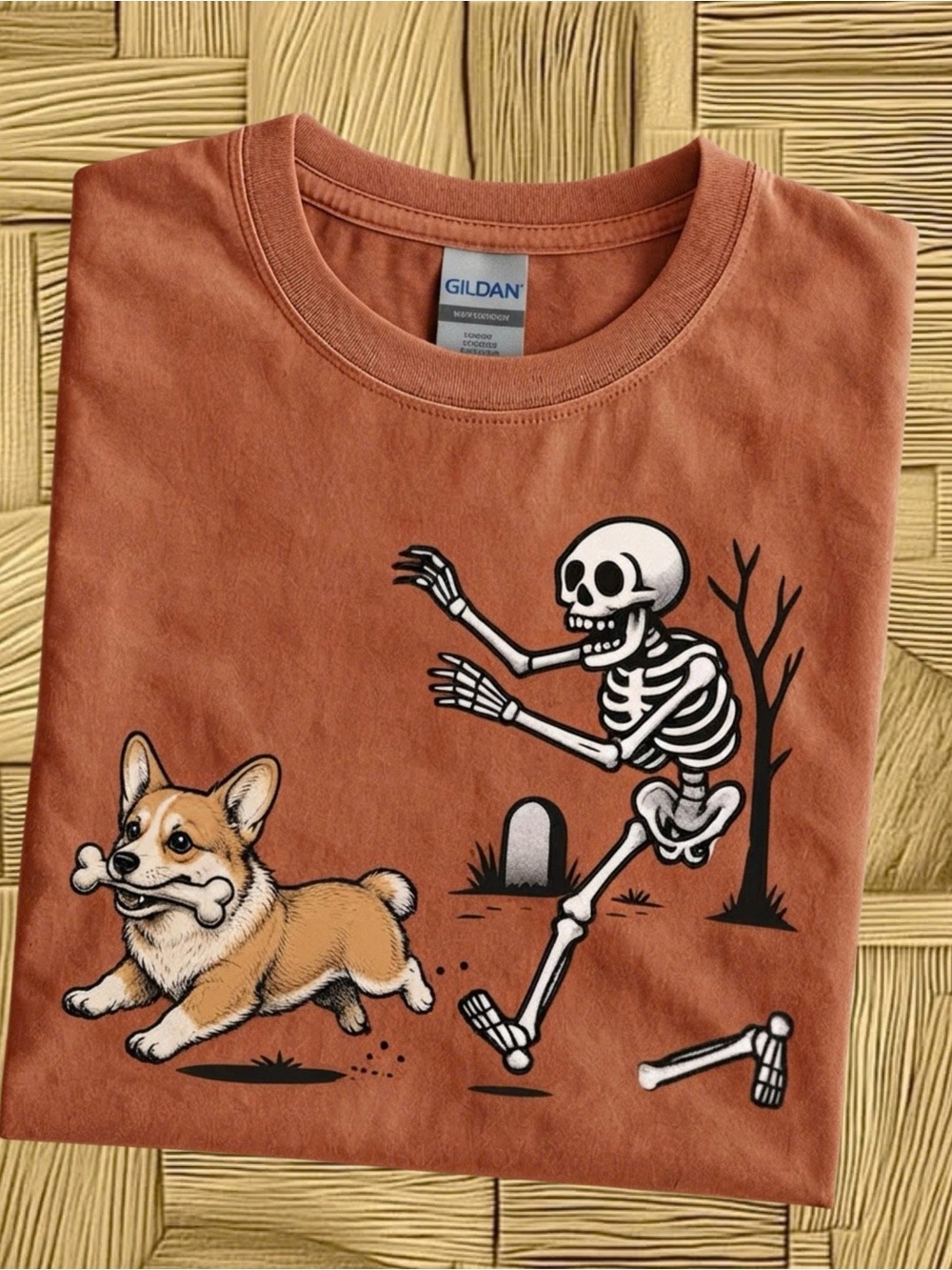 Gildan Orange Short Sleeve Tee with Corgi & Skeleton Graphic - Halloween Trendy